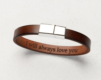 Mens leather bracelet 3rd year wedding anniversary gift for him, mens personalized bracelet with custom message husband anniversary gift