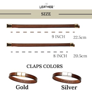 May include: Brown leather bracelets with gold and silver clasps. The bracelets are available in 8-inch (20.5cm) and 9-inch (22.5cm) lengths. The clasps come in gold and silver. The text "I love you to the moon and back" is engraved on the gold clasp bracelet.