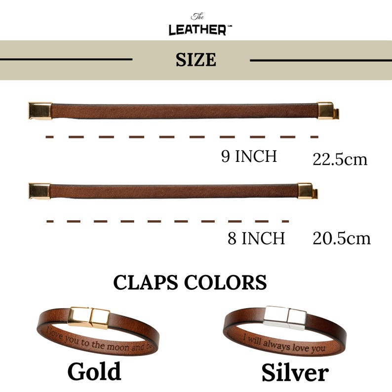 May include: Brown leather bracelets with gold and silver clasps. The bracelets are available in 8-inch (20.5cm) and 9-inch (22.5cm) lengths. The clasps come in gold and silver. The text "I love you to the moon and back" is engraved on the gold clasp bracelet.
