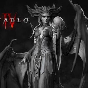 May include: A grayscale image of a female demon holding a skull, with large wings and elaborate headgear. The Diablo IV logo is in the upper left corner. The demon is wearing a detailed, ornate outfit.