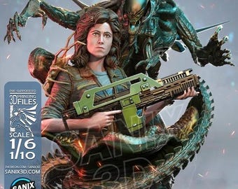 Può includere: Una statuetta dettagliata raffigurante una donna che tiene un fucile verde e marrone, con una minacciosa creatura aliena dietro di lei. La statuetta è un modello in scala 1/6 o 1/10, con il testo "PRE-SUPPORTED 3D FILES" e "SANIX3D.COM" visibile.