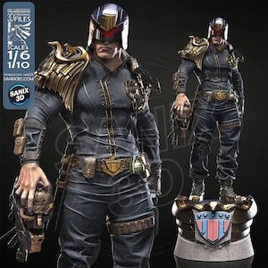 May include: A detailed 1/6 scale statue of Judge Dredd, a character from the comic book series. The figure is in a dark blue uniform with gold accents, a helmet, and a stern expression. The statue is holding a skull-shaped object.