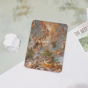 May include: A vintage-style illustration of a ceiling fresco with angels and cherubs in a cloudy sky. The fresco is painted in shades of blue, brown, and white.