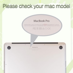 May include: A silver MacBook Pro laptop with the text "MacBook Pro" on the bottom. The image includes a diagram with the text "Please check your mac model" and specifications, including the model number and serial number.