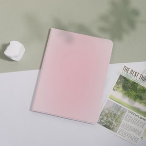 Peut inclure: Un cahier rose pâle est posé ouvert sur une surface blanche, avec un article de journal visible à droite. Une pierre blanche de forme irrégulière est à gauche. Le fond est un mélange de blanc et de vert.