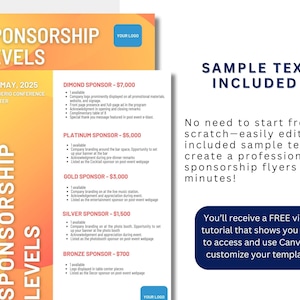K&ouml;nnte beinhalten: Ein farbenfroher Sponsoring-Level-Flyer mit gelbem und orangefarbenem Hintergrund. Der Flyer listet verschiedene Sponsoring-Level mit entsprechenden Preisen und Vorteilen auf. Der Text "SPONSORSHIP LEVELS" befindet sich oben auf dem Flyer. Der Text "SAMPLE TEXT INCLUDED" befindet sich oben auf dem Flyer. Der Text "Sie m&uuml;ssen nicht von Grund auf neu anfangen - bearbeiten Sie einfach den enthaltenen Beispieltext, um professionelle Sponsoring-Flyer in wenigen Minuten zu erstellen!" befindet sich in der Mitte des Flyers. Der Text "Sie erhalten ein KOSTENLOSES Video-Tutorial, das Ihnen zeigt, wie Sie auf Canva zugreifen und es verwenden, um Ihre Vorlage anzupassen!" befindet sich unten auf dem Flyer.