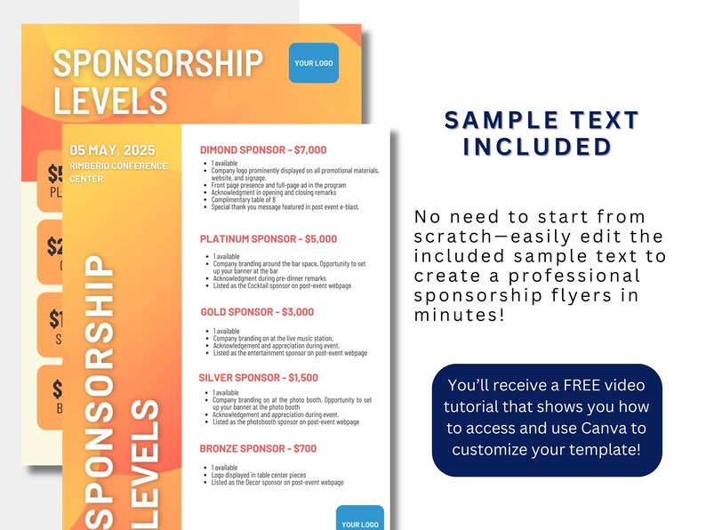 K&ouml;nnte beinhalten: Ein farbenfroher Sponsoring-Level-Flyer mit gelbem und orangefarbenem Hintergrund. Der Flyer listet verschiedene Sponsoring-Level mit entsprechenden Preisen und Vorteilen auf. Der Text "SPONSORSHIP LEVELS" befindet sich oben auf dem Flyer. Der Text "SAMPLE TEXT INCLUDED" befindet sich oben auf dem Flyer. Der Text "Sie m&uuml;ssen nicht von Grund auf neu anfangen - bearbeiten Sie einfach den enthaltenen Beispieltext, um professionelle Sponsoring-Flyer in wenigen Minuten zu erstellen!" befindet sich in der Mitte des Flyers. Der Text "Sie erhalten ein KOSTENLOSES Video-Tutorial, das Ihnen zeigt, wie Sie auf Canva zugreifen und es verwenden, um Ihre Vorlage anzupassen!" befindet sich unten auf dem Flyer.