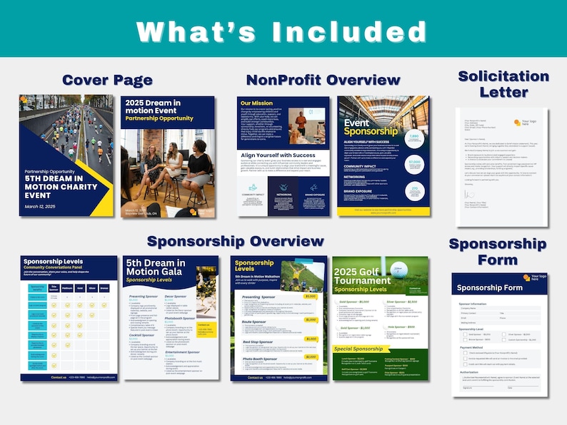 Non-profit event sponsorship package template photos and page breakdown