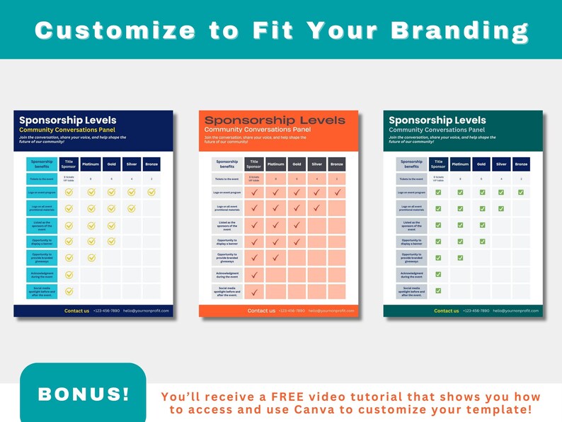 Non-profit event sponsorship package template photos show the customization process.