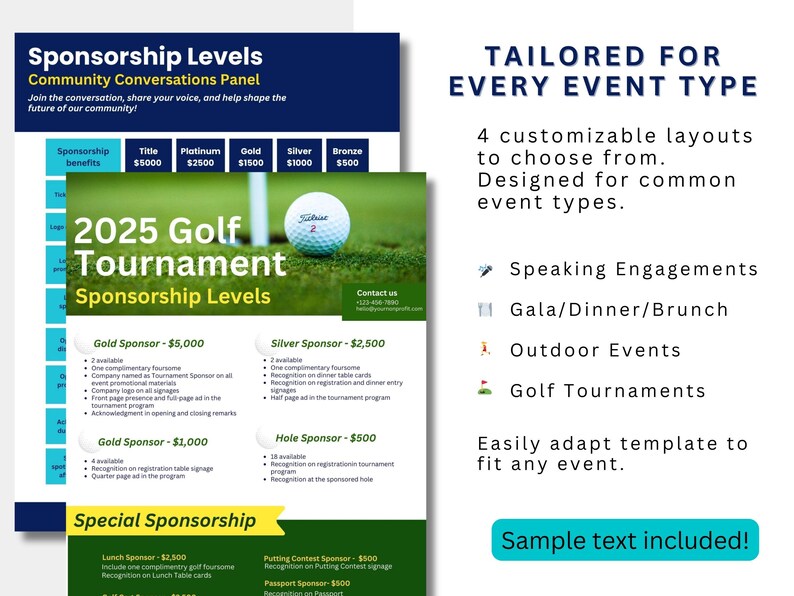 Non-profit event sponsorship package template photos, highlighting a golf sponsorship flyer