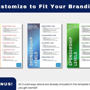 K&ouml;nnte beinhalten: Drei verschiedene Sponsoring-Level in unterschiedlichen Farben f&uuml;r eine Konferenz oder Veranstaltung. Die Level sind Diamant, Platin, Gold, Silber und Bronze. Jedes Level hat einen anderen Preis und eine Liste von Vorteilen. Die Farben sind Orange, Blau und Gr&uuml;n.