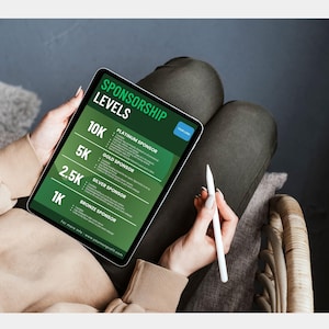 K&ouml;nnte beinhalten: Ein gr&uuml;nes und wei&szlig;es Tablet zeigt eine Tabelle mit Sponsoring-Leveln mit verschiedenen Stufen: Platin-Sponsor, Gold-Sponsor, Silber-Sponsor und Bronze-Sponsor. Die Tabelle listet die entsprechenden Betr&auml;ge in Euro f&uuml;r jede Stufe auf: 10.000 &euro;, 5.000 &euro;, 2.500 &euro; und 1.000 &euro;.