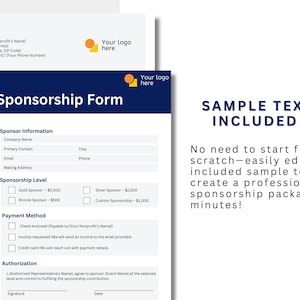 Peut inclure: Un formulaire de parrainage avec un en-t&ecirc;te bleu qui dit "Formulaire de parrainage". Le formulaire comprend des sections pour les informations du parrain, le niveau de parrainage, le mode de paiement et l'autorisation. Le formulaire comprend &eacute;galement du texte d'exemple qui dit "TEXTE D'EXEMPLE INCLUS" et "Pas besoin de commencer &agrave; z&eacute;ro - modifiez facilement le texte d'exemple inclus pour cr&eacute;er un package de parrainage professionnel en quelques minutes !"