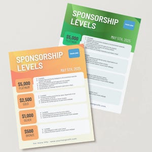 K&ouml;nnte beinhalten: Ein gelber und orangefarbener Flyer mit dem Text "Sponsoring-Level" und einer Liste von Sponsoring-Leveln mit entsprechenden Dollarbetr&auml;gen und Vorteilen. Der Flyer enth&auml;lt das Datum "5. Mai 2025".