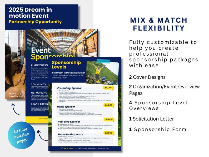 Non-profit event sponsorship package template photos show the customization process. 10 fully editable pages are included.