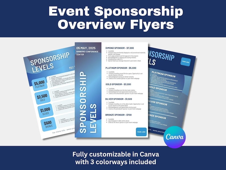 K&ouml;nnte beinhalten: Drei blaue und wei&szlig;e Flyer mit dem Text "Sponsoring-Level" und einer Liste von Sponsoring-Leveln mit entsprechenden Dollarbetr&auml;gen. Die Flyer sind in Canva anpassbar und beinhalten drei Farbvarianten. Der Text "Event-Sponsoring-&Uuml;berblick-Flyer" befindet sich oben im Bild.