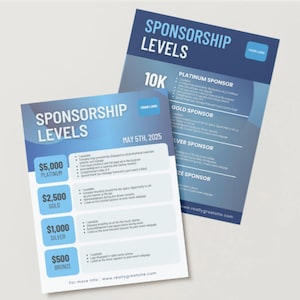 K&ouml;nnte beinhalten: Ein blauer und wei&szlig;er Flyer mit dem Text "Sponsoring-Level" und einer Liste von Sponsoring-Leveln mit entsprechenden Dollarbetr&auml;gen und Vorteilen. Der Flyer enth&auml;lt das Datum "5. Mai 2025" und die Website-Adresse "www.reallygreatsite.com".