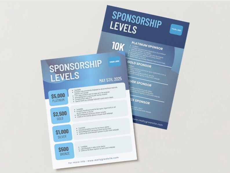 K&ouml;nnte beinhalten: Ein blauer und wei&szlig;er Flyer mit dem Text "Sponsoring-Level" und einer Liste von Sponsoring-Leveln mit entsprechenden Dollarbetr&auml;gen und Vorteilen. Der Flyer enth&auml;lt das Datum "5. Mai 2025" und die Website-Adresse "www.reallygreatsite.com".