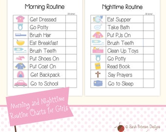 May include: Two printable routine charts for children, one for morning and one for nighttime. Each chart has a list of activities with corresponding illustrations. The morning chart includes activities like getting dressed, going potty, brushing hair, eating breakfast, brushing teeth, putting on shoes, putting on a coat, getting a backpack, and going to school. The nighttime chart includes activities like eating supper, taking a bath, putting on pajamas, brushing teeth, cleaning up toys, going potty, reading a book, saying prayers, and going to sleep.