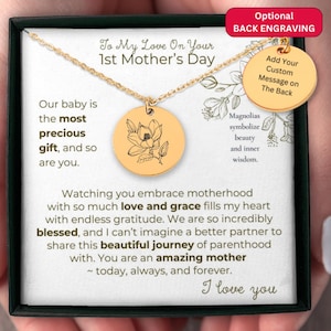 Colar com pingente de magnólia do marido ou parceiro, pingente personalizado gravado para esposa, nova mãe, presente de dia das mães para novas mães