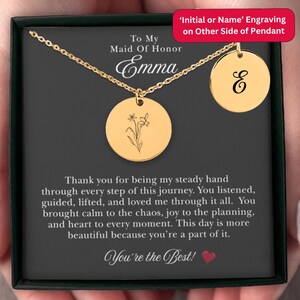 Personalized Maid of Honor Gift from Bride | Double-sided Engraving | Birth Flower Pendant | Name or Initial Engraved Pendant | Message card
