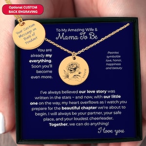 Presente para mãe de primeira viagem do marido, joias para mãe de primeira viagem, colar para mãe de primeira viagem, joias para gestante com mensagem, pingente de peônia gravada