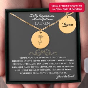 Regalo de dama de honor personalizado con flor de nacimiento e inicial o nombre, collar colgante grabado para su fiesta nupcial, tarjeta de mensaje de agradecimiento