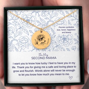 2e pendentif pivoine gravé par maman, cadeau pour maman en prime ou maman non biologique, collier de fleurs de naissance pivoine, cadeau de remerciement pour maman, fête des mères