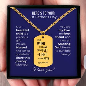 Primeiro presente de Dia dos Pais da esposa, colar com etiqueta para novo pai, presente cristão personalizado para novo pai, joias gravadas personalizadas, cartão com mensagem