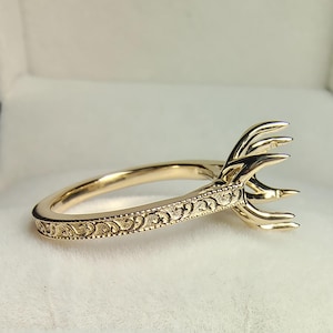 Vintage Tulip Setting Engagement Ring, 14k Solid Gold Filigree Diamond Ring Setting, Antique Engraved Only Semi Mount Cathedral Ring Setting