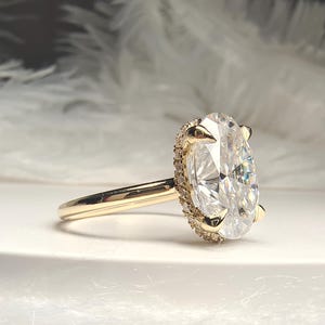 IGI Certified Big 5 carat Oval Lab Grown Diamond Ring with Open Gallery, Vintage Yellow Gold Hidden Halo Lab Created Diamond Engagement Ring