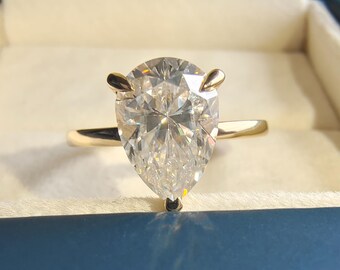 Pear Diamond Ring, 2 carat Lab Grown Diamond Solitaire Engagement Ring, IGI Certified Bride Ring, 10k Solid Gold Hidden Halo Wedding Ring
