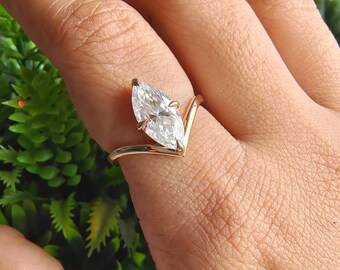 High Quality Genuine Marquise Lab Diamond Engagement Ring, Unique Solitaire Lab Grown Diamond Ring for Women, 10k Gold V Shaped Wedding Ring