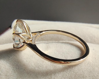 Oval Lab Grown Diamond Cathedral Engagement Ring, Tulip Set Lab Diamond Ring, 10k Gold Hidden Pave Bridge Bridal Ring, Flower Solitaire Ring