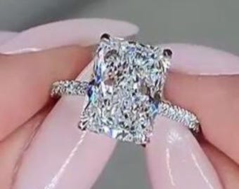 IGI Certified 4 carat Radiant Cut Lab Grown Diamond Ring, Long Radiant Cut Hidden Halo Lab Diamond Engagement Ring in 14k Yellow Gold