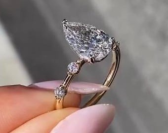 Birnenförmiger Moissanit Verlobungsring, Birnen Cut Abstand Pave Set Diamant Ring, Vintage 2 Karat Solitaire Teardrop Ehering für Frauen