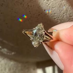 Vintage Split Shank Marquise Diamond Engagement Ring Solid 14k Yellow Gold Marquise Cut Solitaire Lab Grown Diamond Ring Half Bezel Set Ring