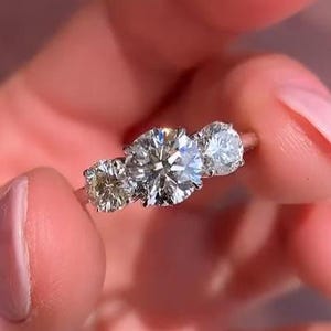 Round Lab Diamond 3 Stone Ring 14K Yellow Gold Classic Cathedral Setting Engagement Ring Custom Certified Three Stone Lab Grown Diamond Ring