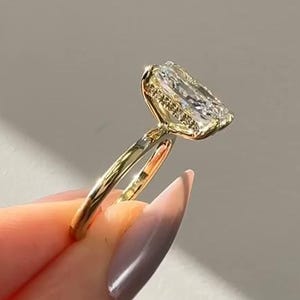 Big VVS2 Lab Grown Diamond Ring, Radiant Cut Hidden Halo Lab Diamond Engagement Ring, Rectangle Cut Solitaire IGI Certified Diamond Ring