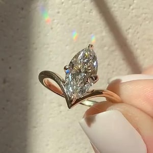 Unique Marquise Cut Lab Grown Diamond Engagement Ring, 14k Solid Yellow Gold Solitaire Lab Diamond Ring, High Quality IGI Certified Ring