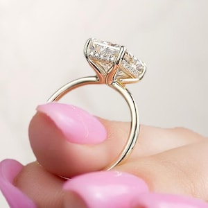 IGI Certified Radiant Cut Hidden Halo Lab Grown Diamond Ring, Long Radiant Cut Solitaire Engagement Ring, VVS2 Rectangle Lab Diamond Ring