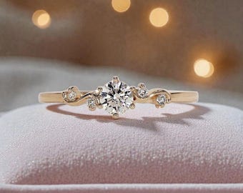 Nature Inspired Leaf Round Lab Diamond Engagement Ring - Vine Diamond Ring For Her -  Unique Diamond Promise Ring For Her - Anniversary Ring