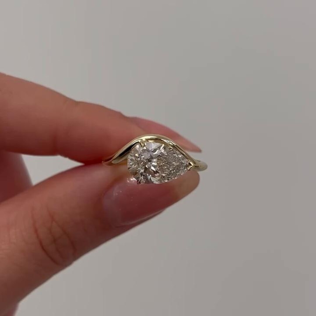 IGI Certified 2 Carat Pear Cut Lab Grown Diamond Ring, Unique East West ...