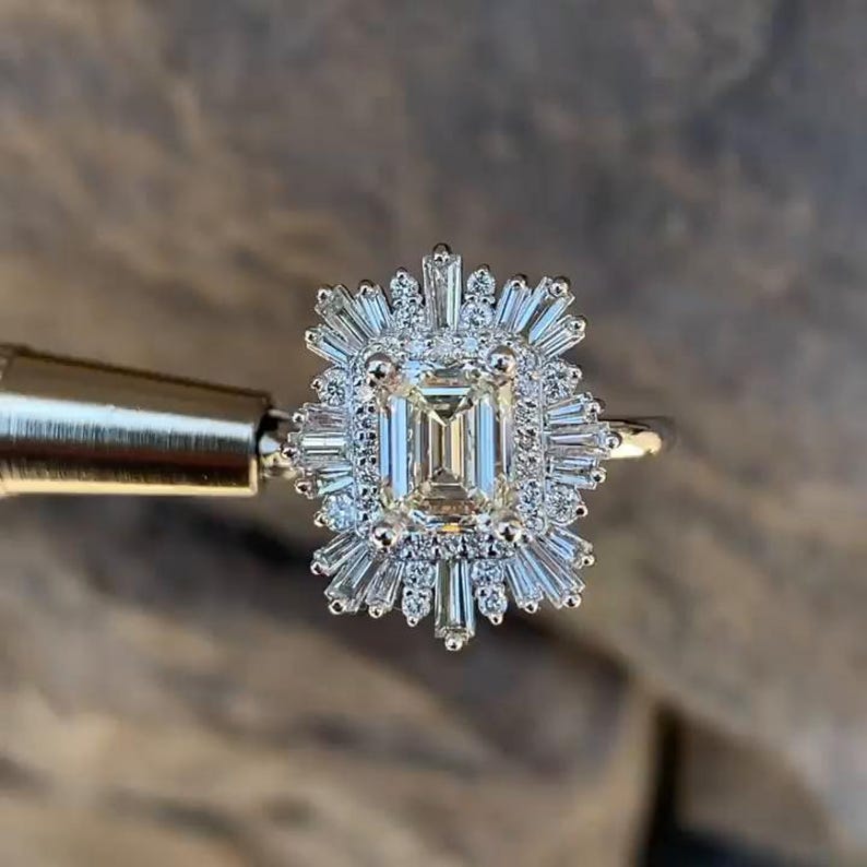 Art Deco Starburst Lab Grown Diamond Cluster Engagement Ring, Emerald ...