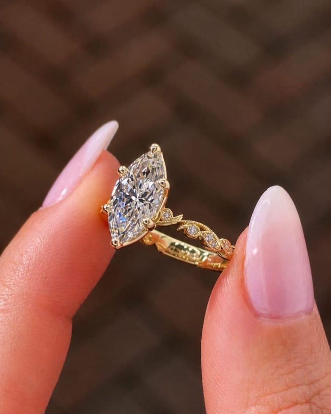 Vintage Marquise Cut Lab Grown Diamond Engagement Ring With Leaf Design ...
