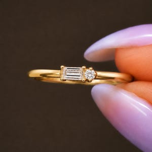 Baguette Diamant Morse-Code Ring Echte Lab gewachsen Diamant Stacking Ring Alltägliche Zwei Stein Tragen Verlobungsring Zarte Stapel Ehering