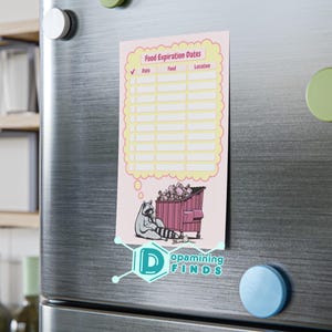 Pode incluir: Um rastreador de datas de validade de alimentos imprim&iacute;vel com um guaxinim em um lixo. O rastreador tem colunas para a data, o alimento e a localiza&ccedil;&atilde;o.