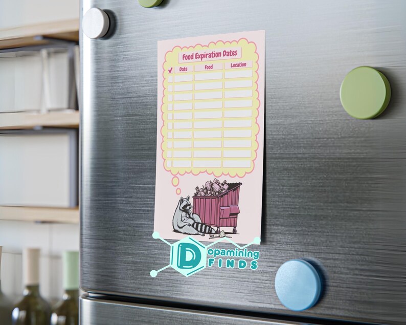 Pode incluir: Um rastreador de datas de validade de alimentos imprim&iacute;vel com um guaxinim em um lixo. O rastreador tem colunas para a data, o alimento e a localiza&ccedil;&atilde;o.