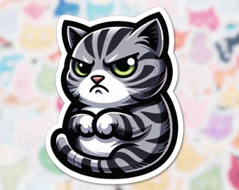 Adesivo fofo de gato cinza mal-humorado | Adesivo adorável de animal para amantes de animais de estimação, presente kawaii de gatinho e decoração de laptop