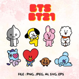 Puede incluir: Ilustraciones de personajes de dibujos animados, incluyendo una figura gris y blanca, un personaje amarillo con detalles negros, un conejo rosa, un personaje blanco y esponjoso, una criatura azul, un personaje rojo en forma de corazón, un personaje marrón y un personaje azul. El texto "BTS BT21" está en la parte superior.
